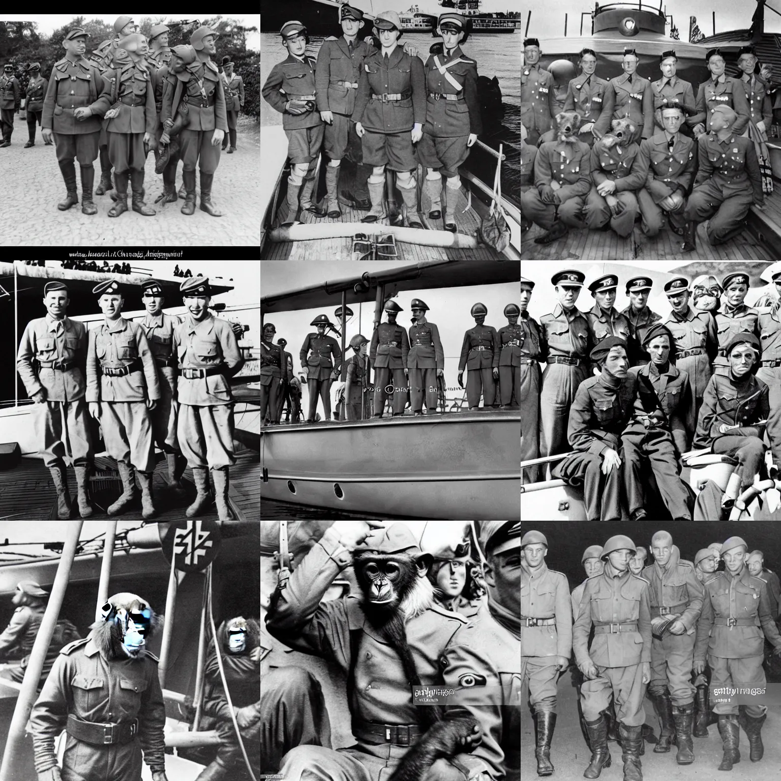 Prompt: historical 1940's WWII photo of chimpanzees in Nazi soldier uniforms. They are on a yacht boat. Bored Ape yacht club, BYC, NFTS, photorealistic art, photo,