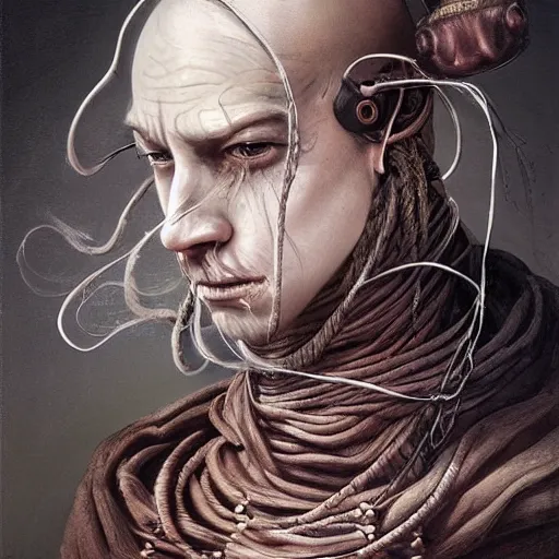 Image similar to portrait of a Shibari rope wrapped face and neck, headshot, insanely nice professional hair style, dramatic hair color, digital painting, of a old 17th century, old cyborg merchant, amber jewels, baroque, ornate clothing, scifi, realistic, hyperdetailed, chiaroscuro, concept art, art by Franz Hals and Jon Foster and Ayami Kojima and Amano and Karol Bak,