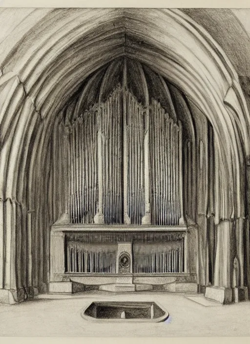 Image similar to pipe organ in a sunken cathedral, 1 9 th century charcoal and pencil drawing, high detail, high contrast