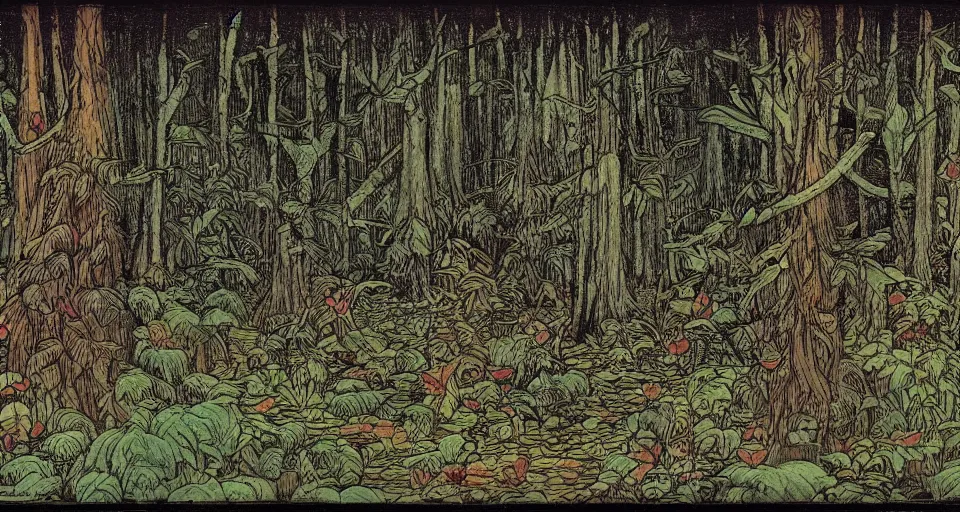 Image similar to A dense and dark enchanted forest with a swamp, by Ivan Bilibin,