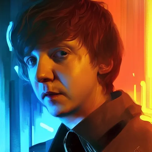 Image similar to portrait of Rupert Grint as Ron Wisly in cyberpunk, neon lighting, night city, digital art from artstation by Ruan Jia and Mandy Jurgens and Artgerm and william-adolphe bouguereau and Greg Rutkowski