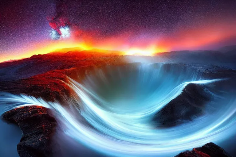 Prompt: a black hole above a beautiful landscape, swirling flows of energy, beautiful colors, dramatic lighting, marc adamus