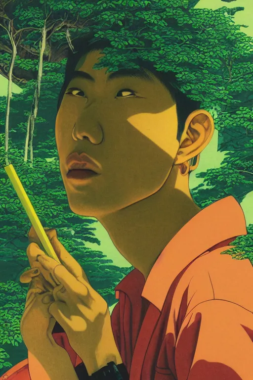 Prompt: a closeup portrait of a young japanese man taking mind altering drugs, a blotter paper of lsd acid and dreaming psychedelic hallucinations in the vast green landscapes of the amazon jungle, by kawase hasui, moebius, edward hopper, colorful flat surreal design, hd, 8 k, artstation