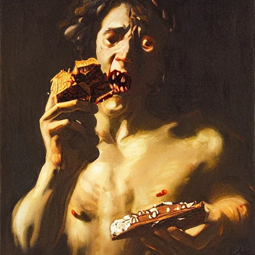 Image similar to saturn devouring a snickers chocolate bar, goya painting, in the style of goya and greg rutkowski, in the style of black paintings, 8 k, highly realistic