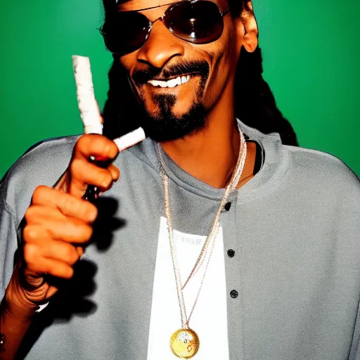 Image similar to Snoop Dog with big eyes eye color red , smiling and holding a joint in his hand