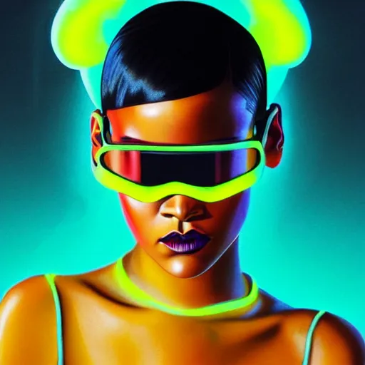 Prompt: Rihanna wearing opaque reflective goggles profile picture by Greg Rutkowski, brown skin, very long hair, dune, asymmetrical, futuristic, neon volumetric lights, cool colors, streetwear, studio ghibli, Organic Painting , Matte Painting, geometric shapes, hard edges, street art, trending on the artstation, fantasy LUT, realistic by Sachin Teng + Martin Grip + Moebius + Patrick Gleason, smooth, sharp focus, illustration, art by John Collier and Albert Aublet and Krenz Cushart and Artem Demura and Alphonse Mucha, techwear, Industrial Scifi, detailed illustration, character portrait,