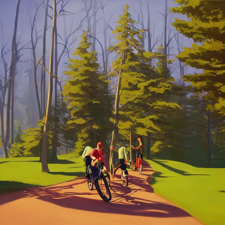 Prompt: riding neon bycicles in the woods, painted by Edward Hopper, painted by James Gilleard, airbrush