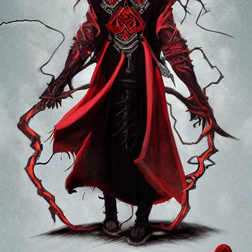 Image similar to d & d painting portrait necromancer man with bald head, red eyes, pallid skin, long flowing black and red robes. in style of randy vargas