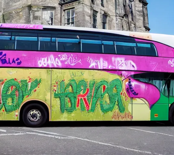 Image similar to graffiti tag on a double decker bus that says ireland