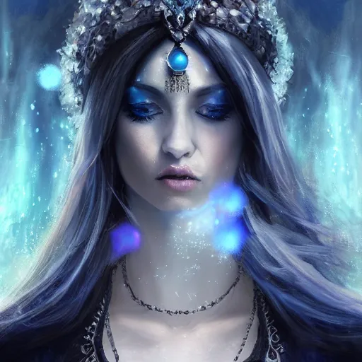 Image similar to masterpiece portrait of an aesthetic beautiful mage woman, ice spell, 3 0 years old woman, soft thin face, light eyes, black dynamic hair, wearing silver diadem with blue gems inlays, silver necklace, digital painting by wlop, atmospheric effects, chaotic blue sparks dynamics background, intricate, artstation, fantasy