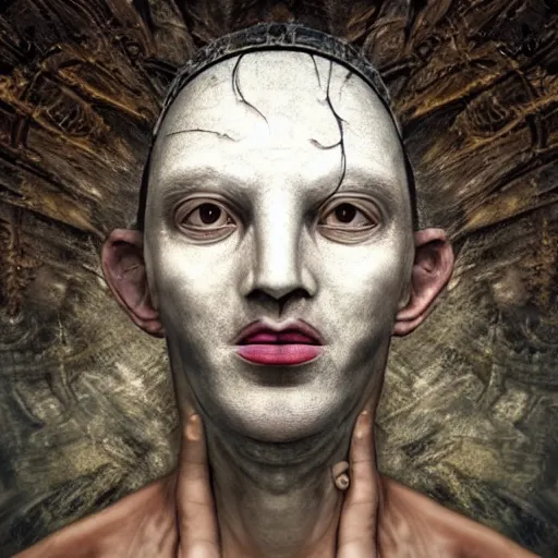 Prompt: full face close up portrait, sandman god of dreams wearing a plague - doctor mask, deliver me cosmic sight, by igor morski, by laurie lipton, in the valley of the damned background, cinematic lighting, volumetric lighting, neosurrealism, realistic shadows, particle effects, rendered in octane, psychedelic, cosmic, fantasy