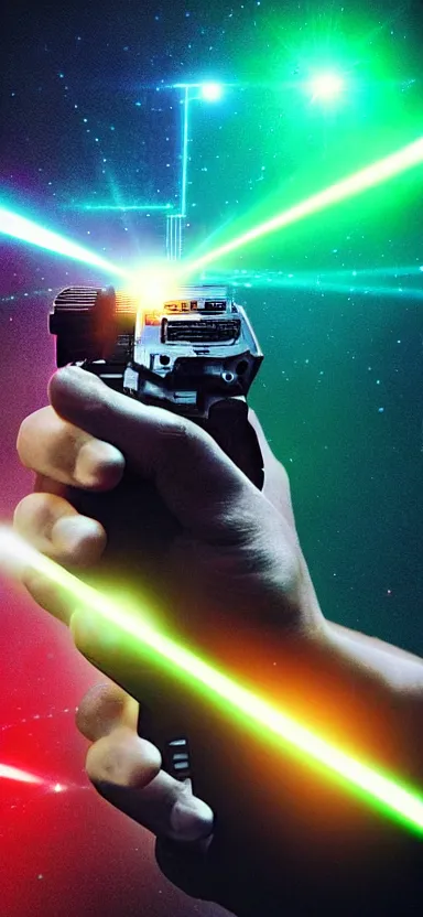 Prompt: “ hand holding laser gun, cinematic, digital art, retro, award winning ”