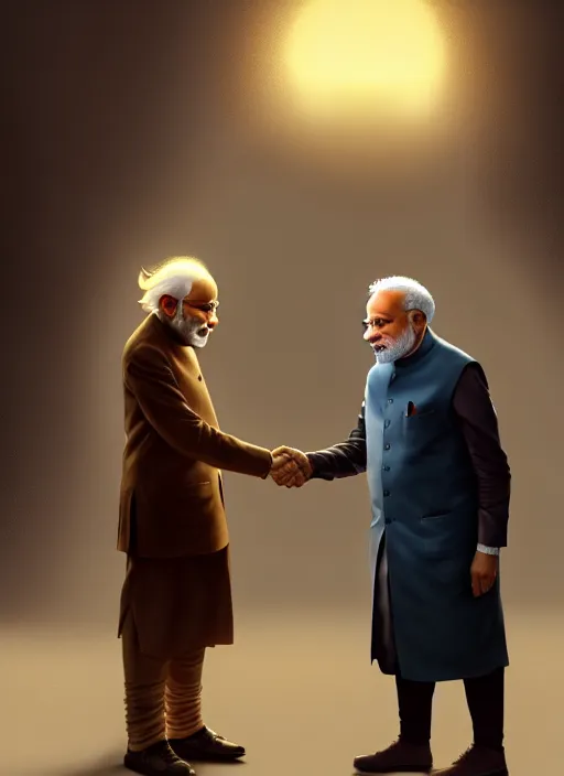 Prompt: portrait, Narendra Modi shaking hands with Albert Einstein , dramatic lighting, cinematic, establishing shot, extremely high detail, foto realistic, cinematic lighting, post processed, concept art, artstation, style by eddie mendoza, raphael lacoste, alex ross