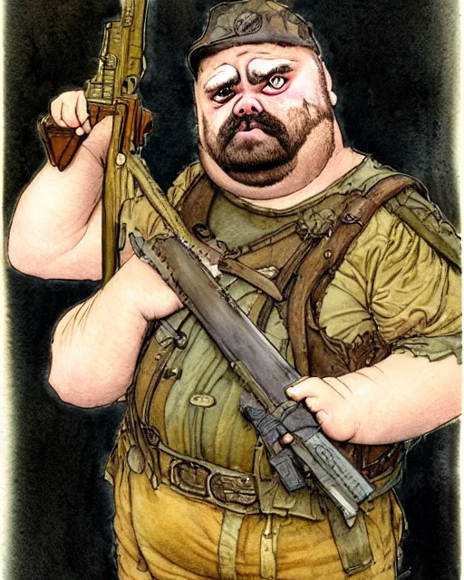 Prompt: a realistic and atmospheric watercolour fantasy character concept art portrait of a fat adorable dirty chibi pug wearing a wife beater and holding a rifle, by rebecca guay, michael kaluta, charles vess and jean moebius giraud