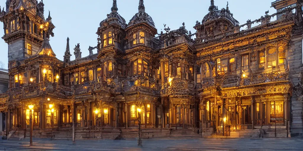 Image similar to extremely detailed ornate stunning sophisticated beautiful elegant victorian museum exterior by Henry Young Darracott Scott and Francis Fowke, stunning volumetric light, stainless steal, concrete, translucent material, beautiful sunset, tail lights