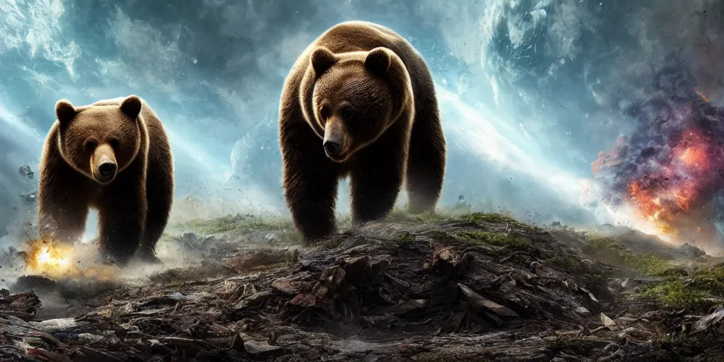 Image similar to Earth being destroyed by a planet sized bear, realistic 4k octane beautifully detailed render, 4k post-processing, highly detailed, intricate complexity, epic composition, magical atmosphere, cinematic lighting, masterpiece, ultra hd