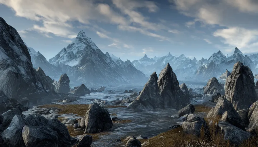 Image similar to skyrim throat of the world mountain in the distance, skyrim, elder scrolls, landscape photography, professional photography, 8k realism, hyper realism, wide shot