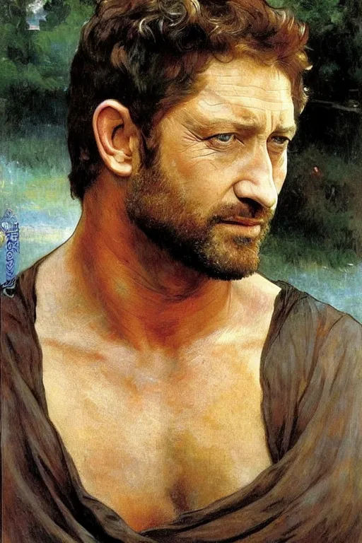 Prompt: actor gerard butler, by bouguereau and gauguin