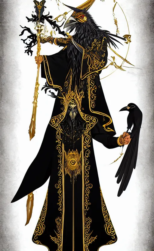 Prompt: raven headed male warlock doing wind magic, white and gold robes, exquisite details, full body character design on a white background, by studio muti