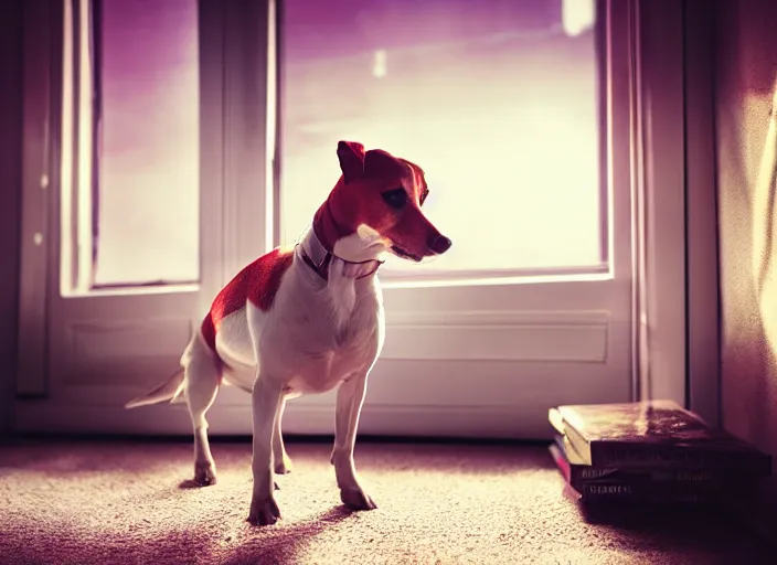 Image similar to photography of a Jack Russel . watching outside the window. on a bed. in a vintage room full of vinyls and posters.,volumetric light, photorealistic,, award winning photo, 100mm, sharp, high res