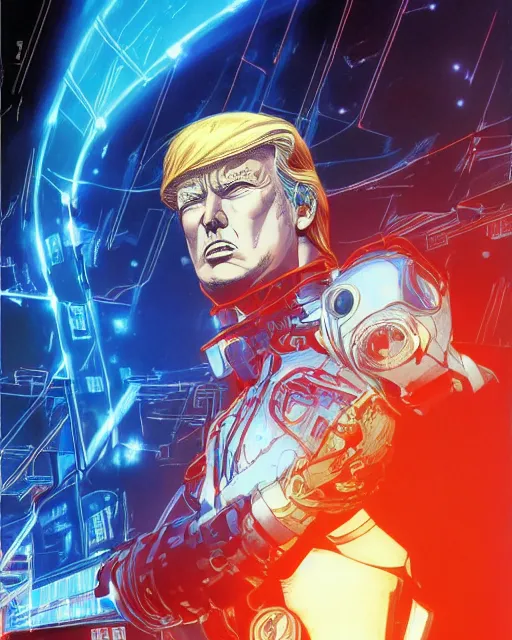 Image similar to portrait of trump, cybernetic enhancements, art by makoto shinkai and alan bean, yukito kishiro