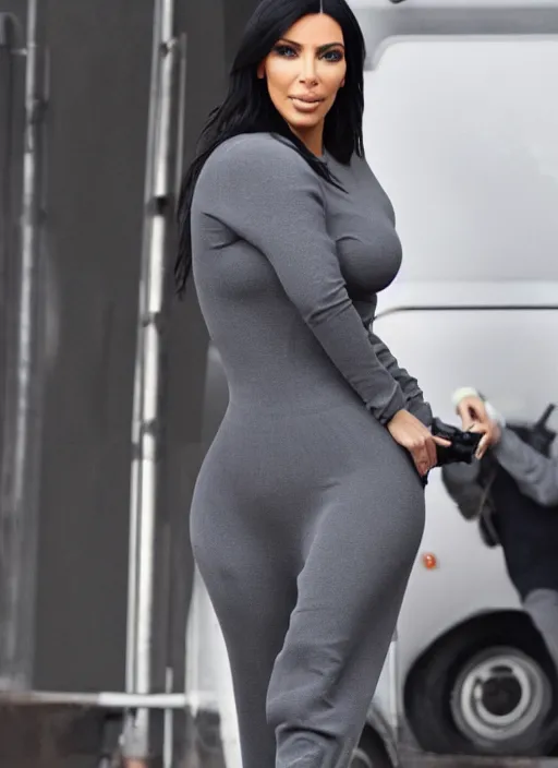 Image similar to Kim kardashian wearing a tracksuit, backround: caravan, uhd, photo: realistic, 4k, cinematic, faint light, wide shot, cigarette in hand