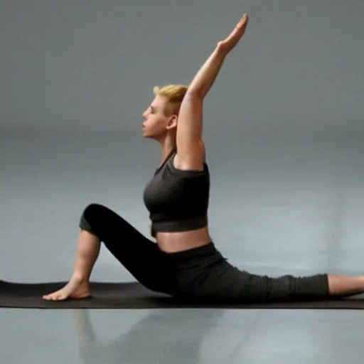 Prompt: cinematographic shot of scarlett johansson doing yoga with an angry face
