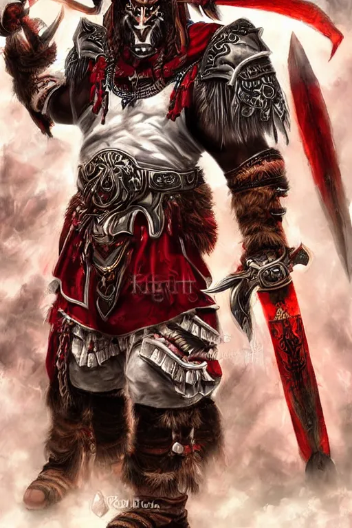 Image similar to a handsome tauren warrior colaked in white with swords, standing in light beam of a dark cave, ruby red sorrow, high quality, ultra detail