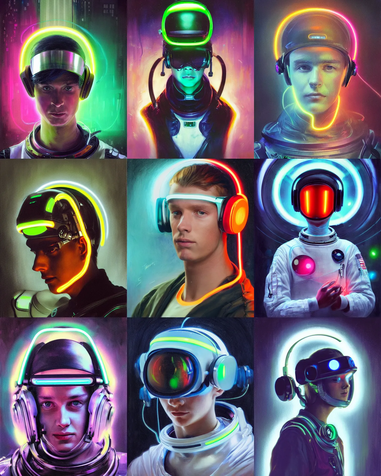 Prompt: future coder looking on, glowing visor over eyes and sleek neon headphones, neon accents, desaturated headshot portrait painting by dean cornwall, john singer sargent, ilya repin, leyendecker, alex grey, alex ross, astronaut cyberpunk electric fashion photography