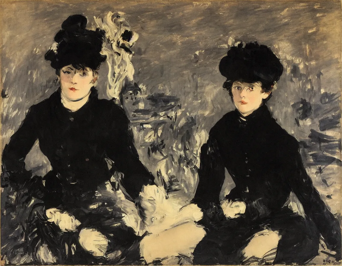 Image similar to edouard manet. a wide portrait of a woman all dressed in black, she is in profile turned her head towards the camera. seated on a dark motorcycle on a highway. there is another motorcycle blurred in the background. unprecise brush strokes. expressive. emotional.