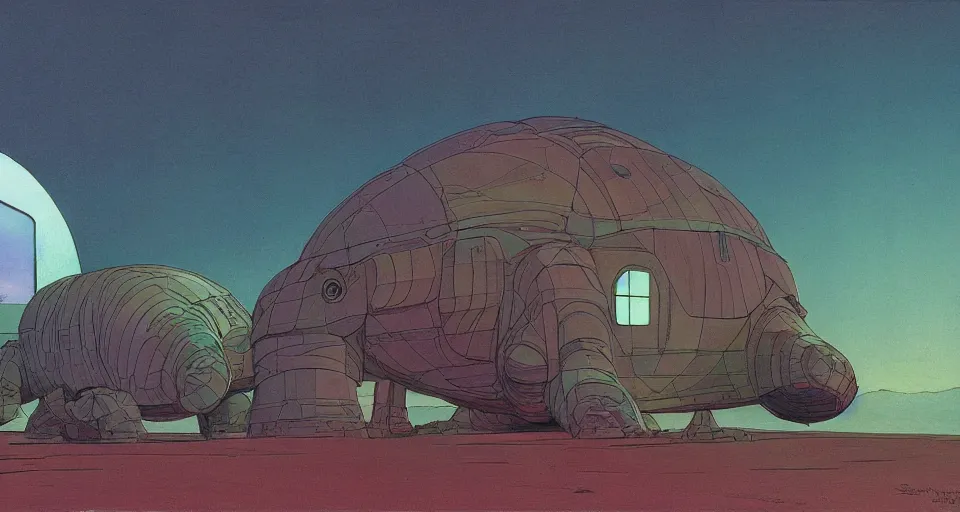 Image similar to a giant tardigrades house in the middle of nowhere, by syd mead, moebius, j. h. williams iii, triadic color scheme