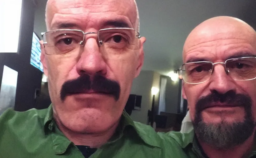 Image similar to my uncle that look like walter white if he was turkish accidentally taking a selfie, front camera, camera flash is so bright in his face, viral, selfie, viral on twitter, viral on instagram, viral photo