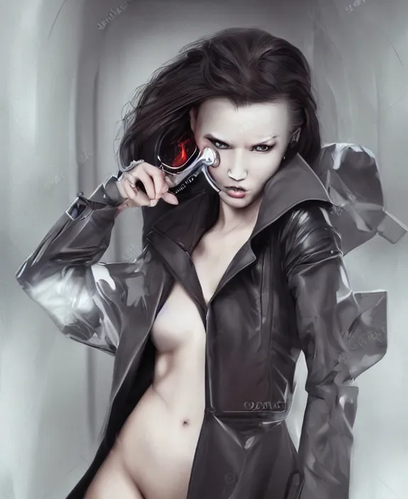 Image similar to photorealistic portrait of a beautiful half cyborg woman with a mischievous look, the half cyborg woman is wearing a long trench coat, in an underground parking garage, in the style of Artgerm and NeoArtCorE, dark mood