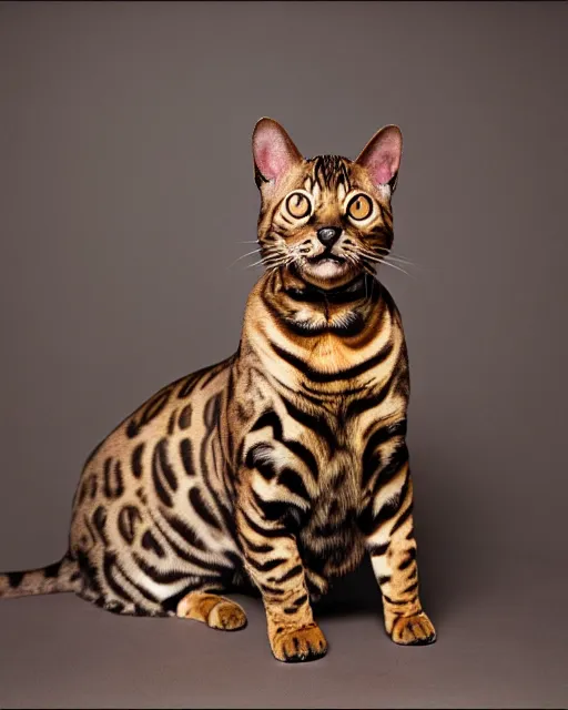 Image similar to medium format Bengal Cat Photography, Hyperreal, 8k in the style of Annie Leibovitz