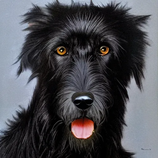 Image similar to portrait of a black wolfhound, beautiful, hyper realistic, highly detailed