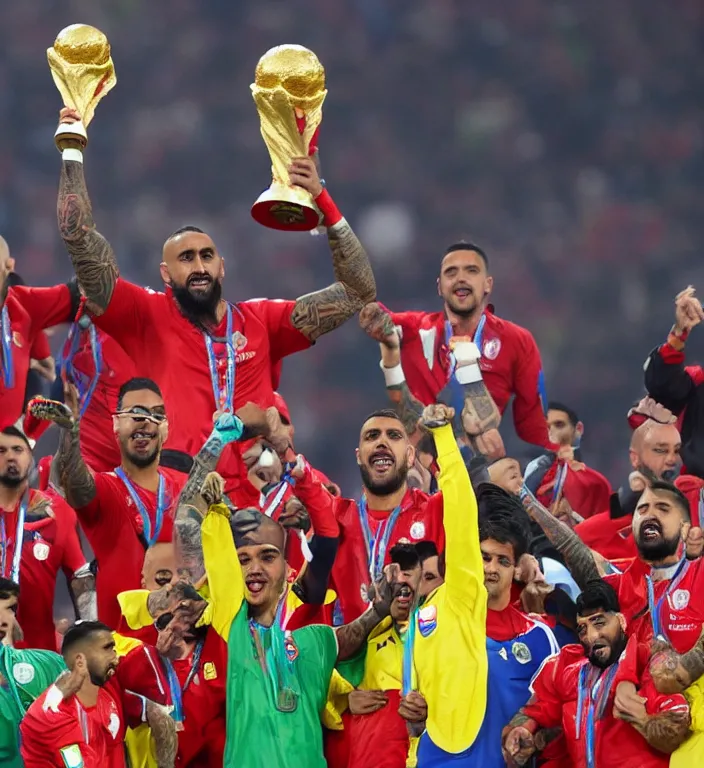 Image similar to arturo vidal lifting the fifa world cup with chilean soccer team in anfield stadium, galactic background