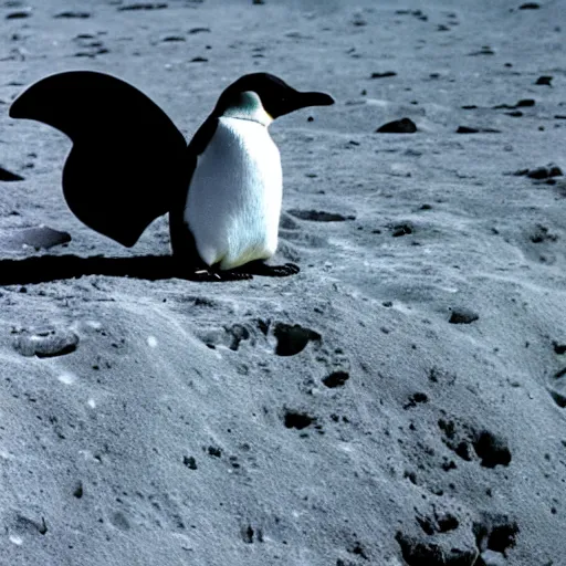 Prompt: footage of penguin moon landing