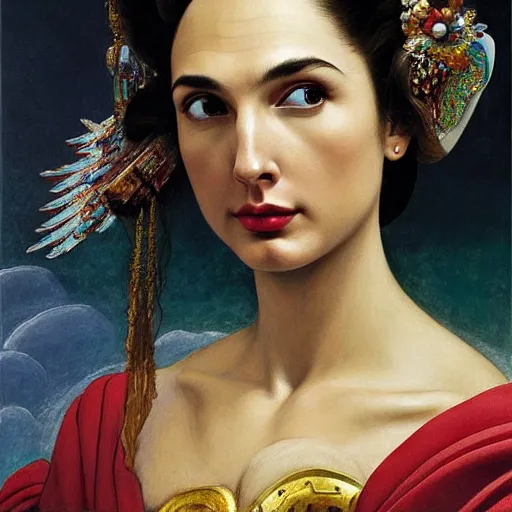 Image similar to Head and shoulders masterpiece portrait oil painting of the beautiful goddess Gal Gadot as Geisha, she is wearing roman clothes and a surreal jewelry, her hair is natural disheveled, she is approaching heaven over the clouds, naturalism, dramatic lighting, high-detailed oil painting by Ilya Repin, Michelangelo da Caravaggio, William Blake, Alex Grey and Beksinski, trending on Artsation, hystorical painting, naturalism, masterpiece, full body shot, 4k, 8k,