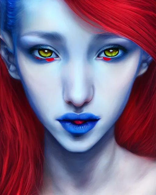 Image similar to A detailed matte oil on canvas head on symmetrical portrait of a distinguished elven woman with split red and blue hair on an empty background, by Charlie bowater, Wlop, trending on artstationhd, dungeons and dragons art, parted hair , half blue, half red , split dye, critical role