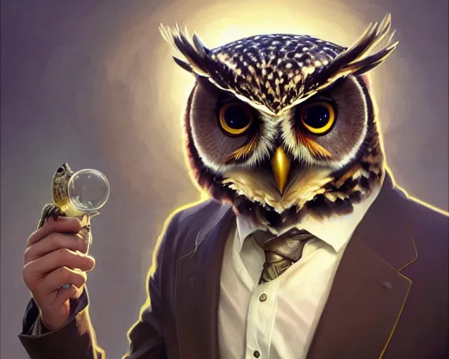 Image similar to a smart owl with a smart suit in a smart atmosphere, deep focus, d & d, fantasy, intricate, elegant, highly detailed, digital painting, artstation, concept art, matte, sharp focus, illustration, hearthstone, art by artgerm and greg rutkowski and alphonse mucha