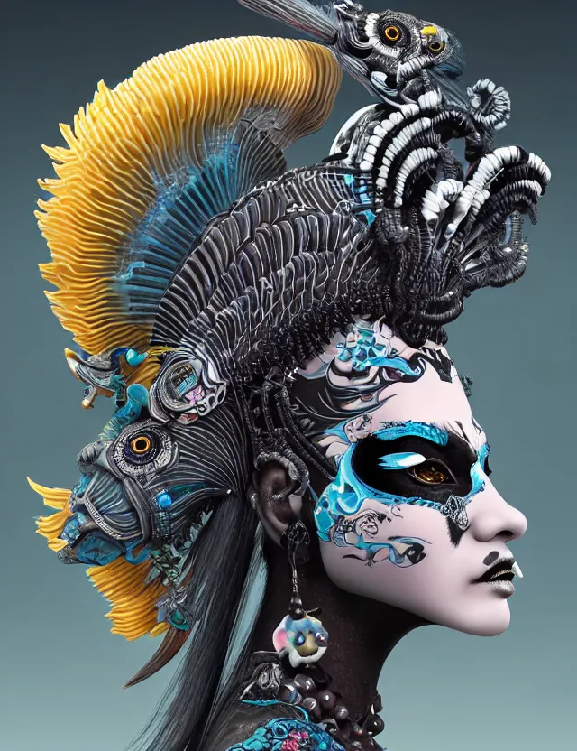 Image similar to 3 d goddess close - up profile portrait punk with mohawk with ram skull. beautiful intricately detailed japanese crow kitsune mask and clasical japanese kimono. betta fish, jellyfish phoenix, bio luminescent, plasma, ice, water, wind, creature, artwork by tooth wu and wlop and beeple and greg rutkowski