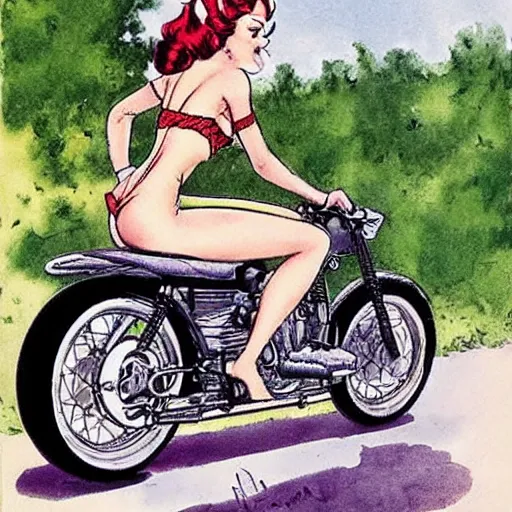 Prompt: a pin up riding a touring motorcycle, by milo manara