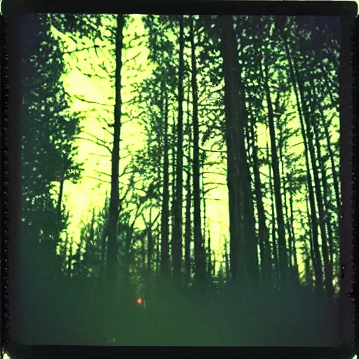 Image similar to a ufo with glowing lights flying over a forest at night, old polaroid, expired film,