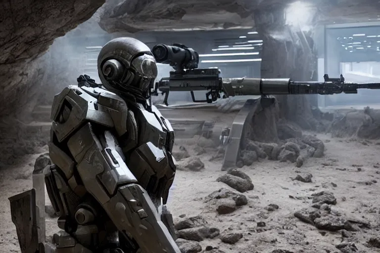 Image similar to vfx movie, sci - fi super soldier in worn military futuristic armor, posing with futuristic rifle in alien technology temple, master chief by emmanuel lubezki