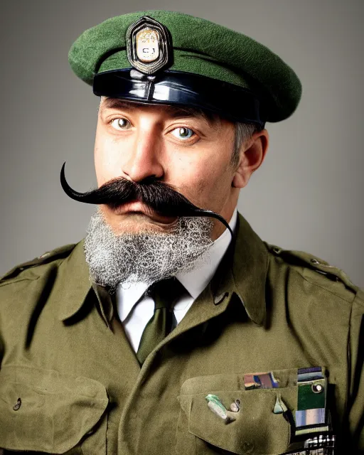 Prompt: a photograph of a man with thick black mustache, green beret, posing for portrait, eye contact