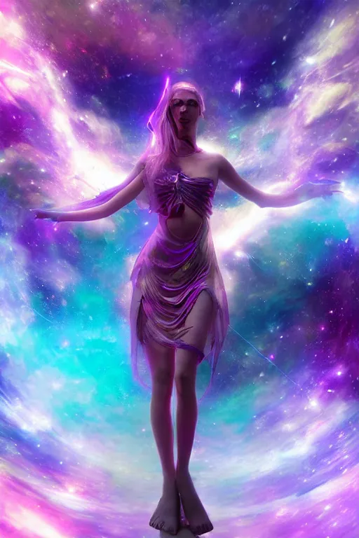 Image similar to Celestial goddess of time and space floating in the cosmos striking beauty oracle trending on artstation purple amathist color scheme + gemstone crystals + realistic + photorealistic + octane render + 3d render