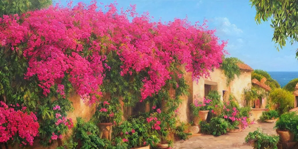 Image similar to beautiful hyper realistic oil painting of a provencal landscape with bougainvillea and near the sea