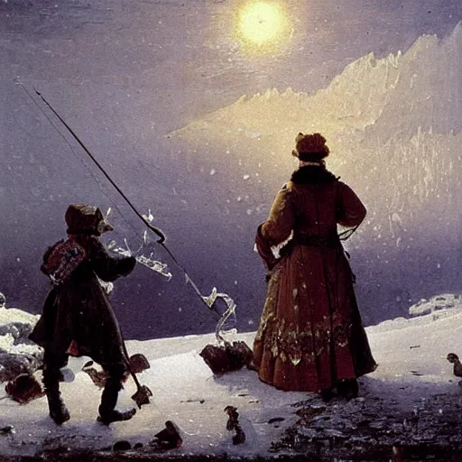 Prompt: grand - tourist collecting snowflakes in antarctica, intricate oil painting by carl spitzweg