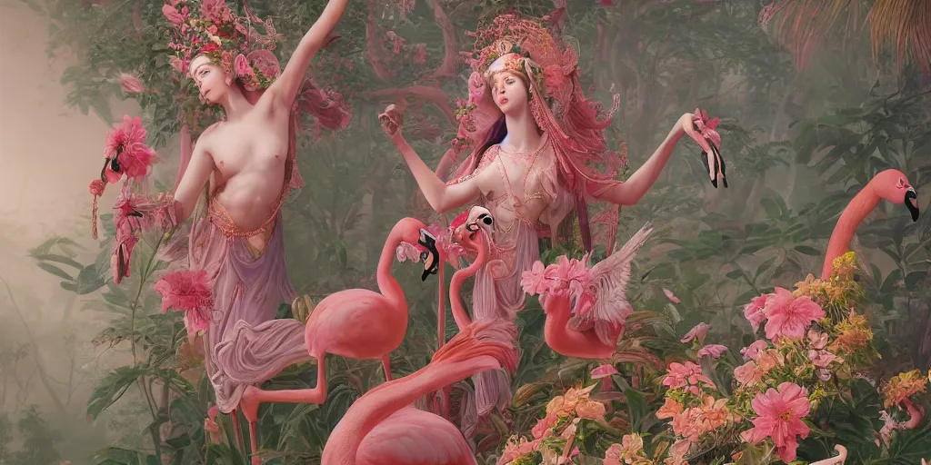 Image similar to breathtaking detailed concept art painting of the goddess of flamingo, orthodox saint, with anxious, piercing eyes, ornate background, amalgamation of leaves and flowers, by Hsiao-Ron Cheng and John James Audubon, extremely moody lighting, 8K