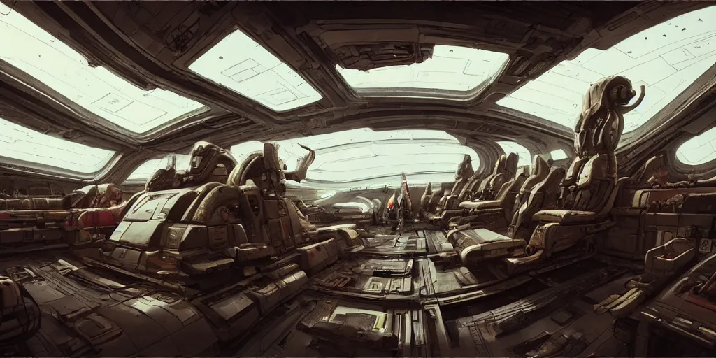 Image similar to Renaissance spaceship interior, kim jung gi style, Greg Rutkowski, Zabrocki, Karlkka, Jayison Devadas, trending on Artstation, 8K, ultra wide angle, zenith view, pincushion lens effect